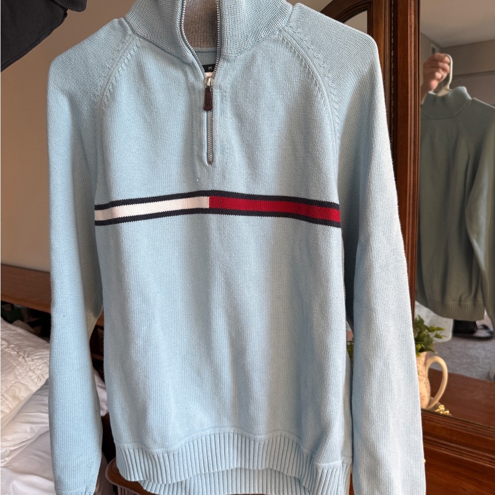 Tommy Hilfiger Light Blue Half-Zip Sweater with Signature Stripe Preppy
